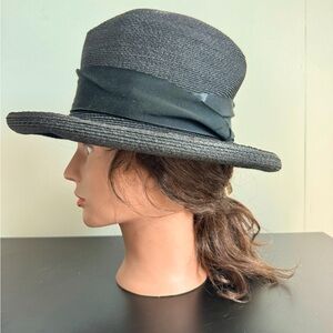 Stetson Godfather Black Straw Hat Rolled Brim and Grosgrain Ribbon Band 6 3/4”